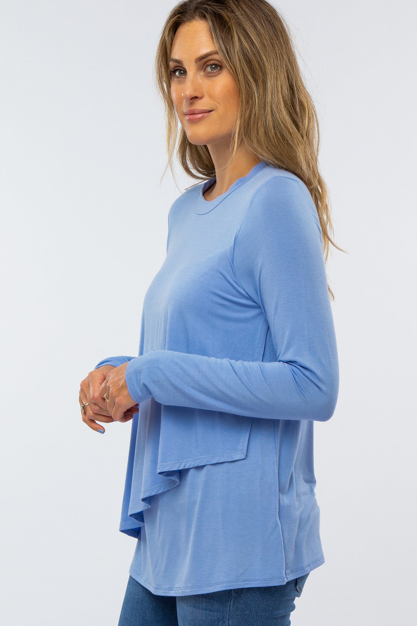 Light Blue Solid Layered Front Long Sleeve Nursing Top