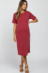 Burgundy Ribbed Maternity Midi Dress