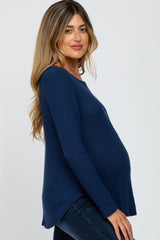 Navy Blue Basic Waffle Knit Maternity Long Sleeve Top