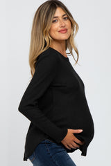Black Basic Waffle Knit Maternity Long Sleeve Top