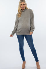 Heather Grey Ribbed Mock Neck Button Trim Long Sleeve Maternity Top