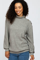 Heather Grey Ribbed Mock Neck Button Trim Long Sleeve Maternity Top