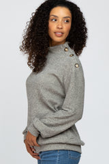 Heather Grey Ribbed Mock Neck Button Trim Long Sleeve Top