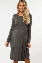 Charcoal 3/4 Sleeve Babydoll Maternity Dress
