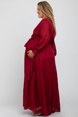 Burgundy Metallic Striped Chiffon Maternity Plus Maxi Dress