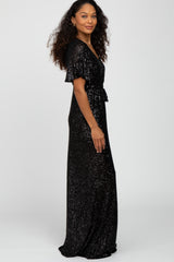 Black Sequin Short Sleeve Maxi Dress
