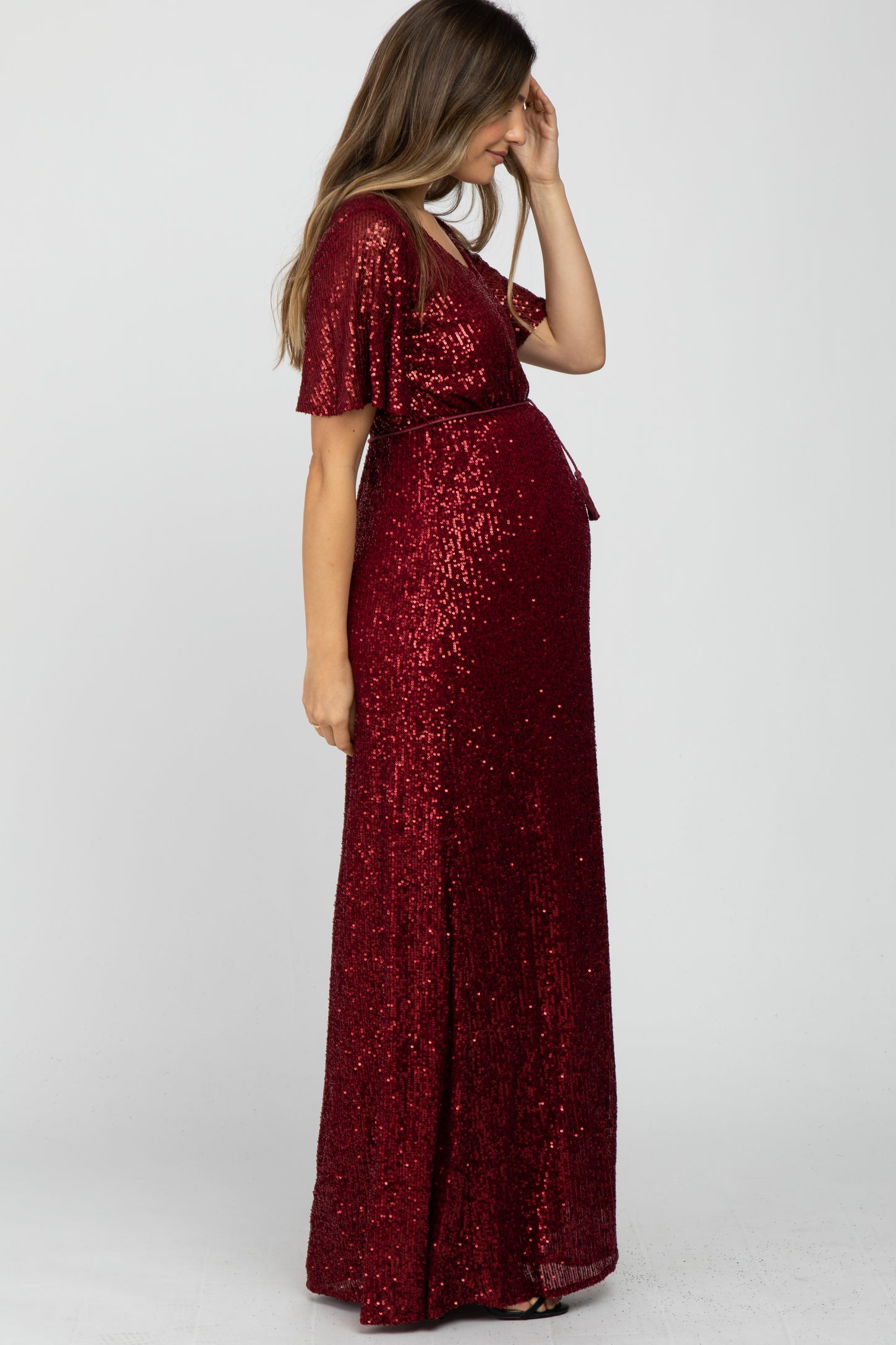 Burgundy Sequin Short Sleeve Maternity Maxi Dress