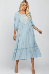 Light Blue Crochet Sleeve Front Lace Square Neck Midi Dress