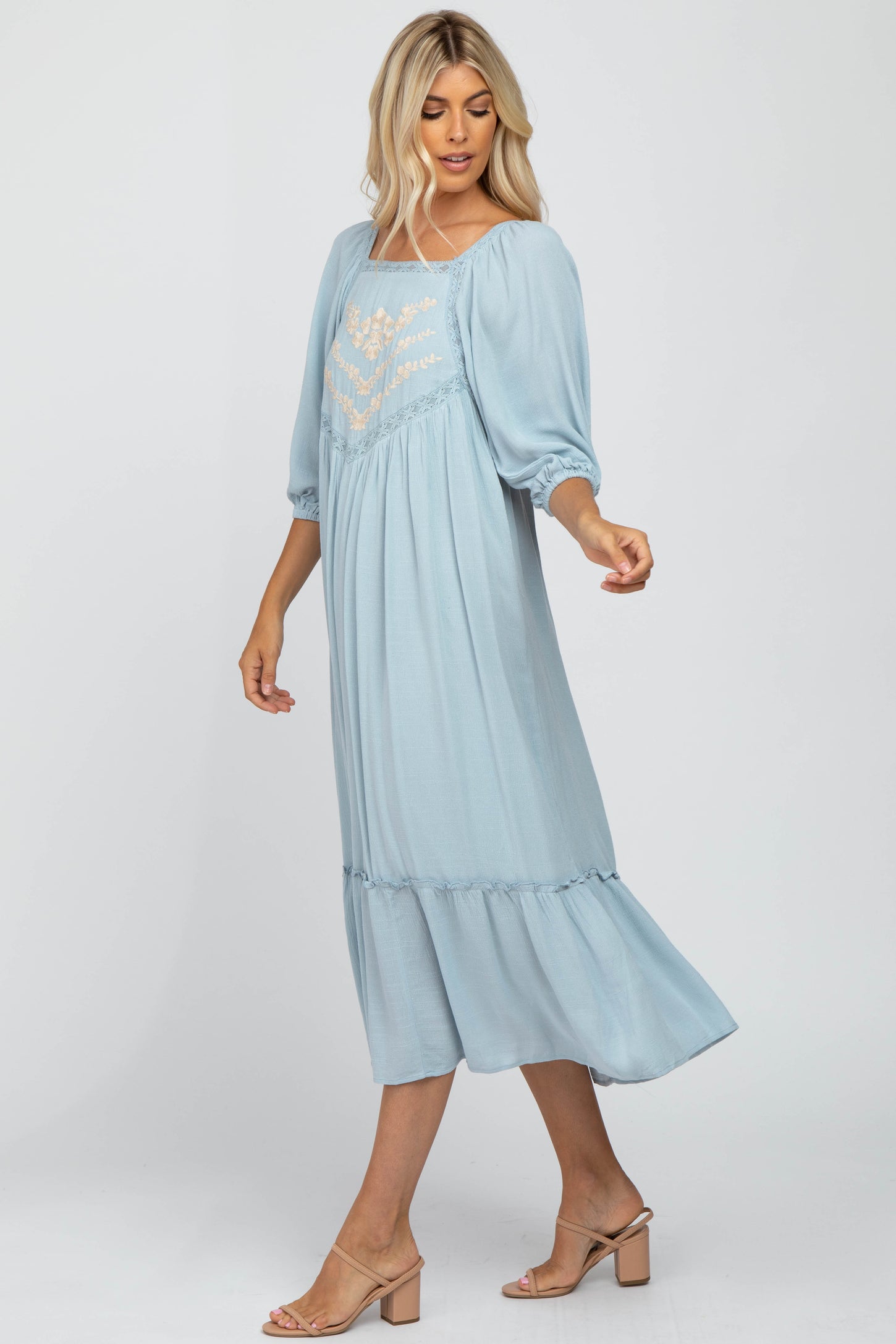 Light Blue Crochet Sleeve Front Lace Square Neck Midi Dress