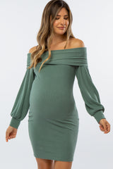 Olive Ribbed Off Shoulder Puff Sleeve Maternity Dress