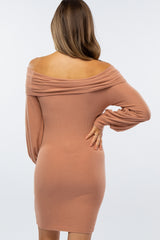 Peach Ribbed Off Shoulder Puff Sleeve Maternity Dress
