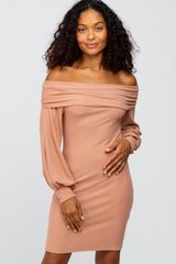 Peach Ribbed Off Shoulder Puff Sleeve Dress