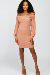 Peach Ribbed Off Shoulder Puff Sleeve Maternity Dress