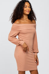 Peach Ribbed Off Shoulder Puff Sleeve Dress