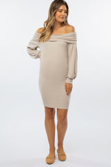 Beige Ribbed Off Shoulder Puff Sleeve Maternity Dress