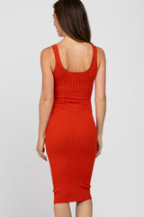Rust Sleeveless Fitted Ribbed Dress