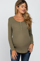 Olive Waffle Knit Front Snap Button Maternity Top