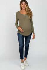 Olive Waffle Knit Front Snap Button Maternity Top