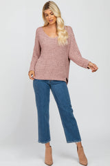 Light Pink V-Neck Side Slit Thick Knit Sweater
