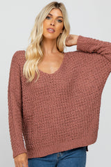 Rust V-Neck Side Slit Thick Knit Sweater