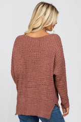 Rust V-Neck Side Slit Thick Knit Sweater