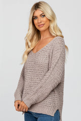 Mocha V-Neck Side Slit Thick Knit Sweater
