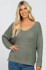 Olive V-Neck Side Slit Thick Knit Maternity Sweater