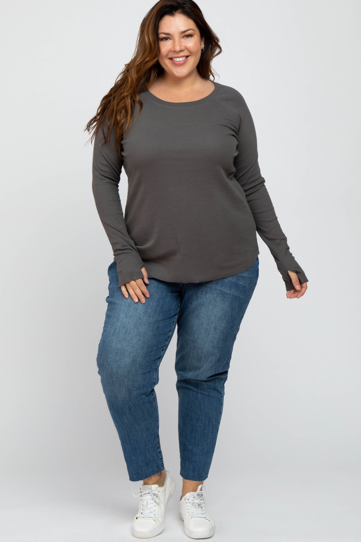 Charcoal Ribbed Knit Long Sleeve Plus Top