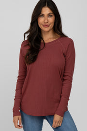 Rust Solid Ribbed Long Sleeve Top
