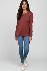 Rust Solid Ribbed Long Sleeve Top