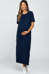 Navy Blue Short Sleeve Maternity MIdi Dress