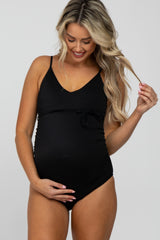 Black Ribbed Tie Waist Ruched Side Maternity One Piece Swimsuit