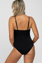 Black Ribbed Tie Waist Ruched Side Maternity One Piece Swimsuit