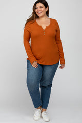 Rust Ribbed Button Front Plus Top