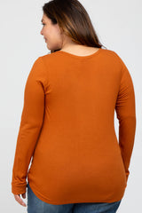 Rust Ribbed Button Front Plus Top