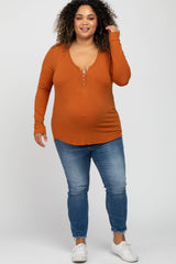 Rust Ribbed Button Front Maternity Plus Top