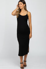 Black Ribbed Sleeveless Maternity Midi Dress