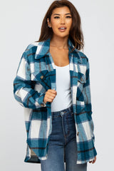 Teal Plaid Brushed Button Down Over Shirt