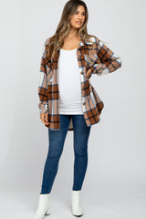 Mocha Plaid Brushed Button Down Maternity Over Shirt