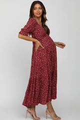 Red Floral V-Neck Ruffle Sleeve Maternity Midi Dress