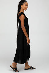 Black Ruffle Accent Midi Dress