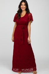 Burgundy Lace Front Tie Maternity Maxi Dress