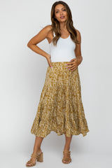 Yellow Leaf Print Tiered Maternity Midi Skirt