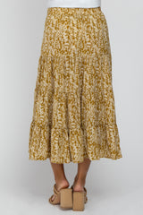 Yellow Leaf Print Tiered Maternity Midi Skirt