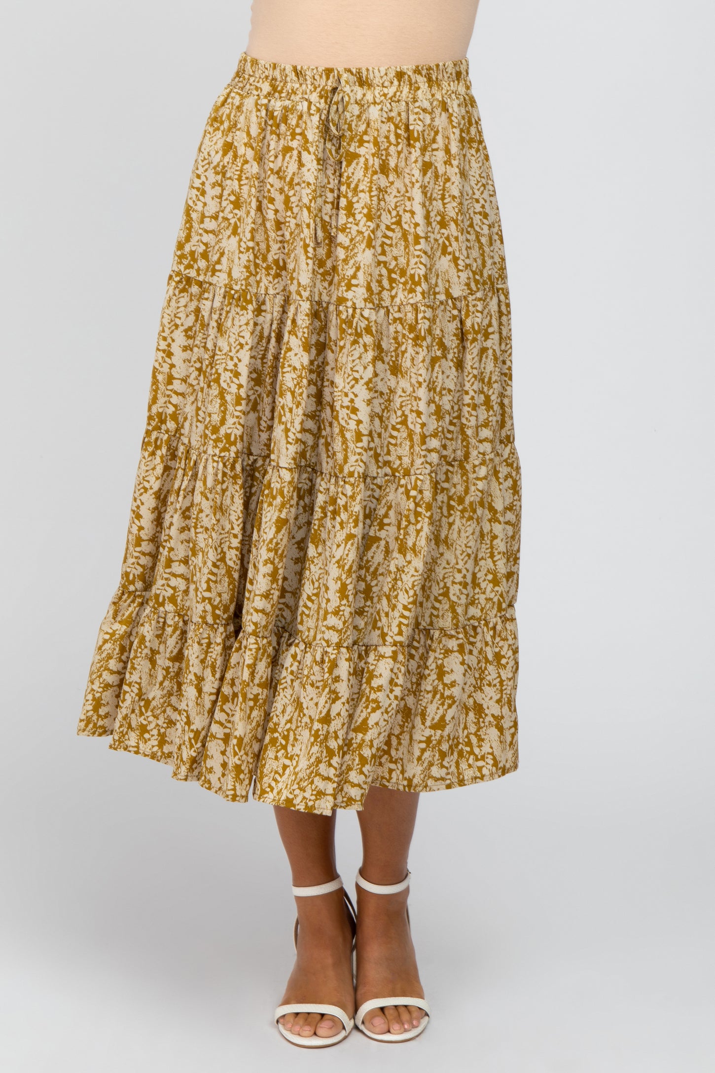 Yellow Leaf Print Tiered Midi Skirt