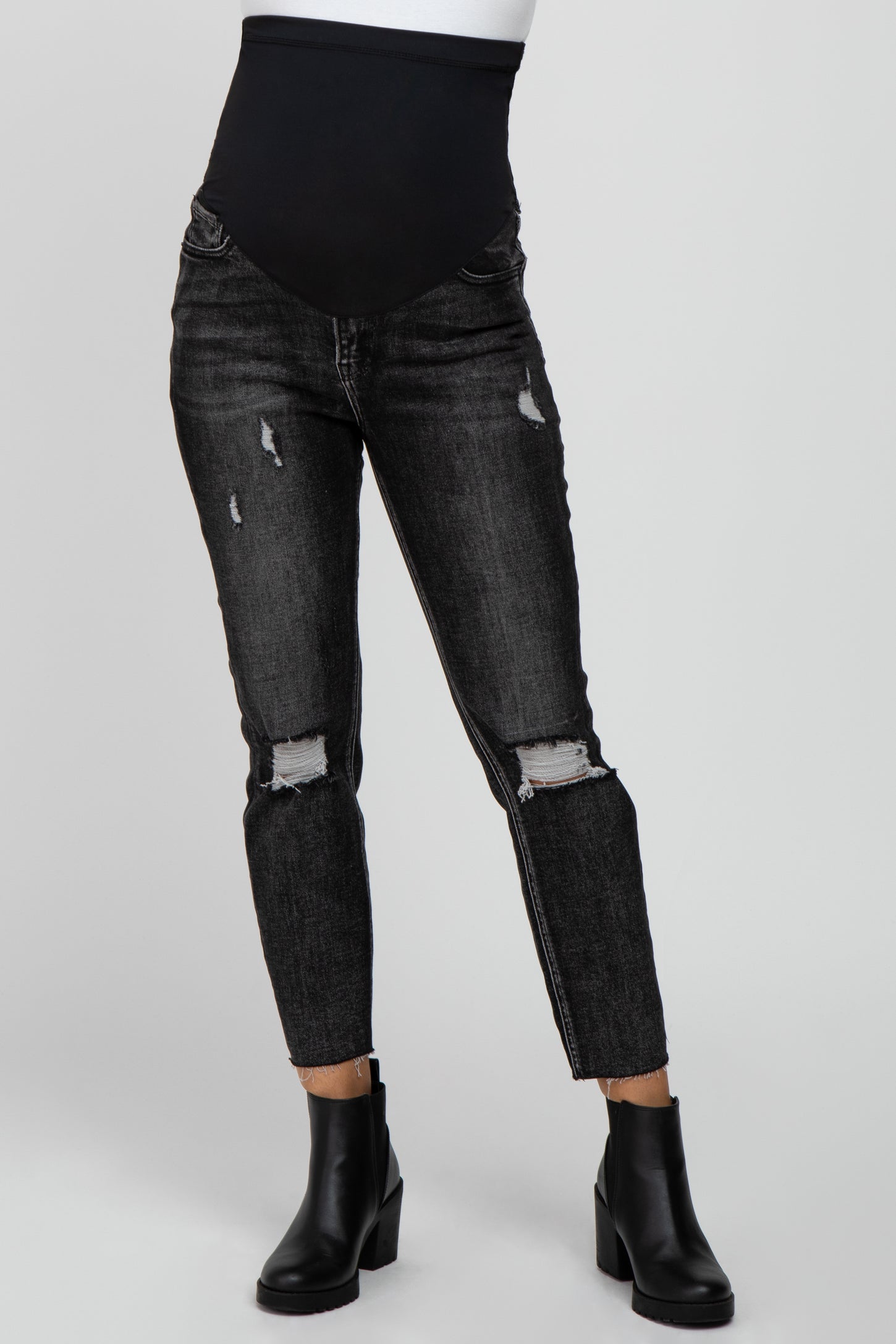 Faded Black Distressed Crop Maternity Jeans