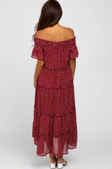 Burgundy Printed Off Shoulder Maxi Dress