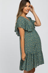 Light Olive Floral Flounce Sleeve Maternity Dress