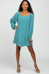Turquoise Textured Dot Square Neck Dress