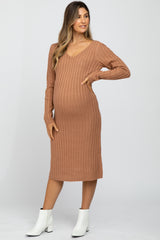 Camel Back Tie Maternity Midi Sweater Dress